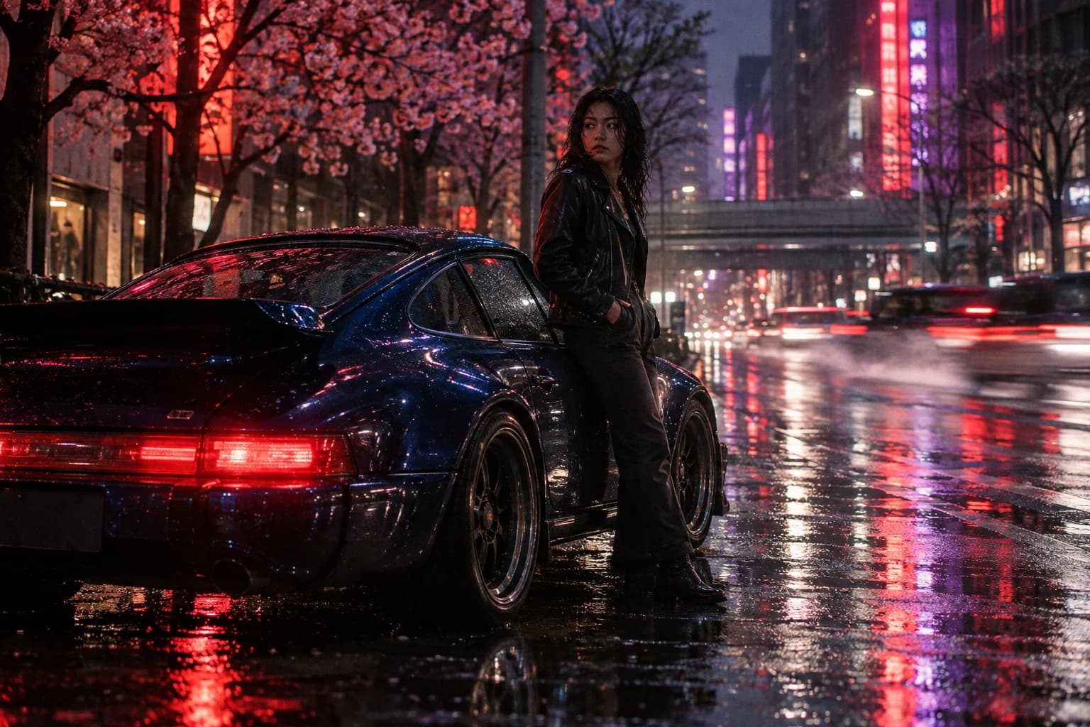 Rain, a midnight-blue car and neon reflections — original editorial concept